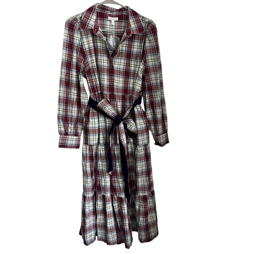 NEW Crown & Ivy Plaid Print Tiered Belted Midi Dress Women's Large